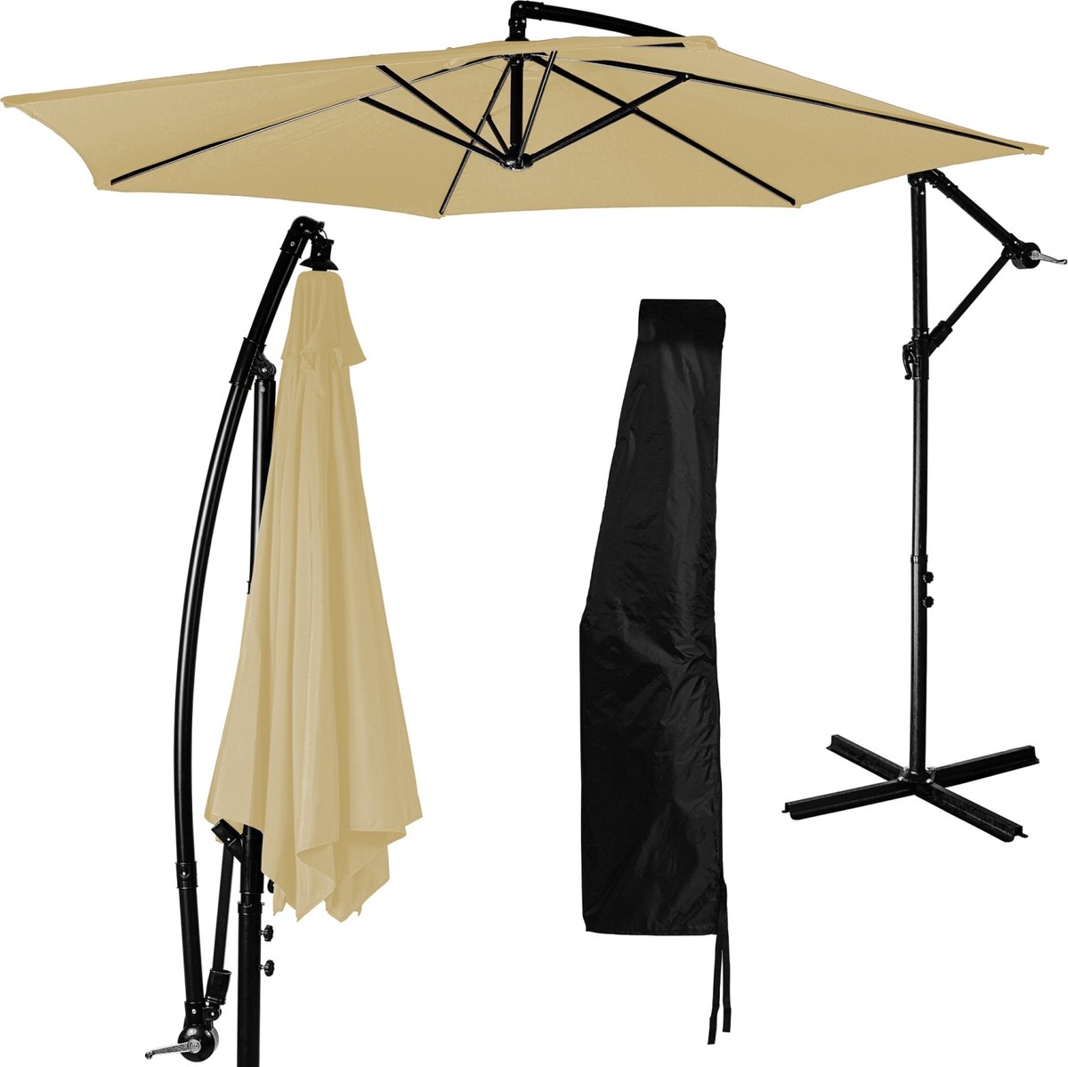 Parasol - Zweefparasol - Parasols - Zweefparasol met voet - Tuinparasol - Inclusief parasol hoes - Waterafstotend - Ø 300 cm - Uv bescherming 30+ - Staal - Polyester - Beige - ⌀ 280 x H 272 cm (6094103014044)