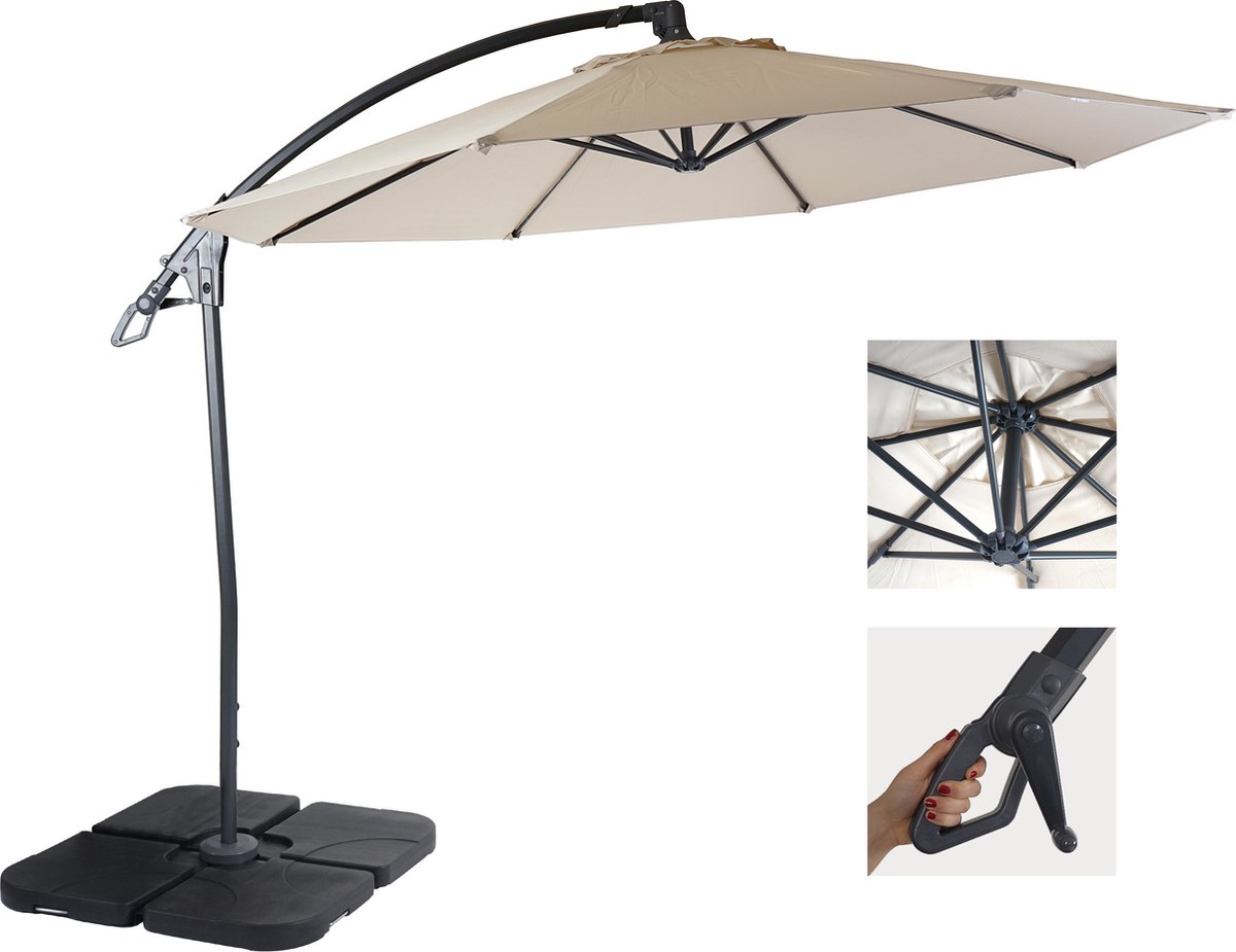 Cosmo Casa Deluxe Zweefparasol - Parasol - Rond Ø 3m - Polyester - Aluminium/Staal - 14kg - Roomwit - Met Standaard (7595981081924)