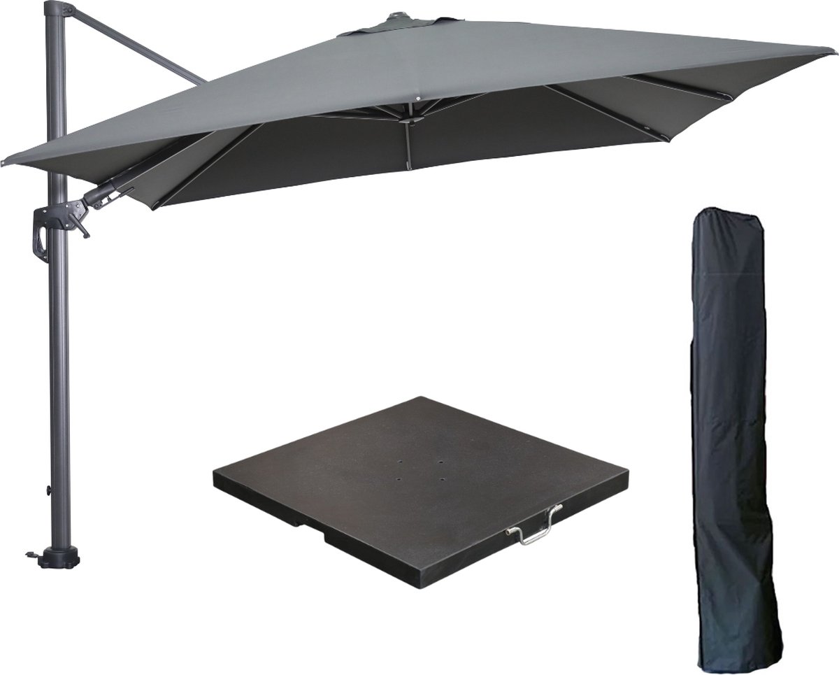 Garden Impressions Hawaii zweefparasol 300x300 cm carbon black / donker grijs met 90kg black polished parasolvoet en parasolhoes (6097129922928)