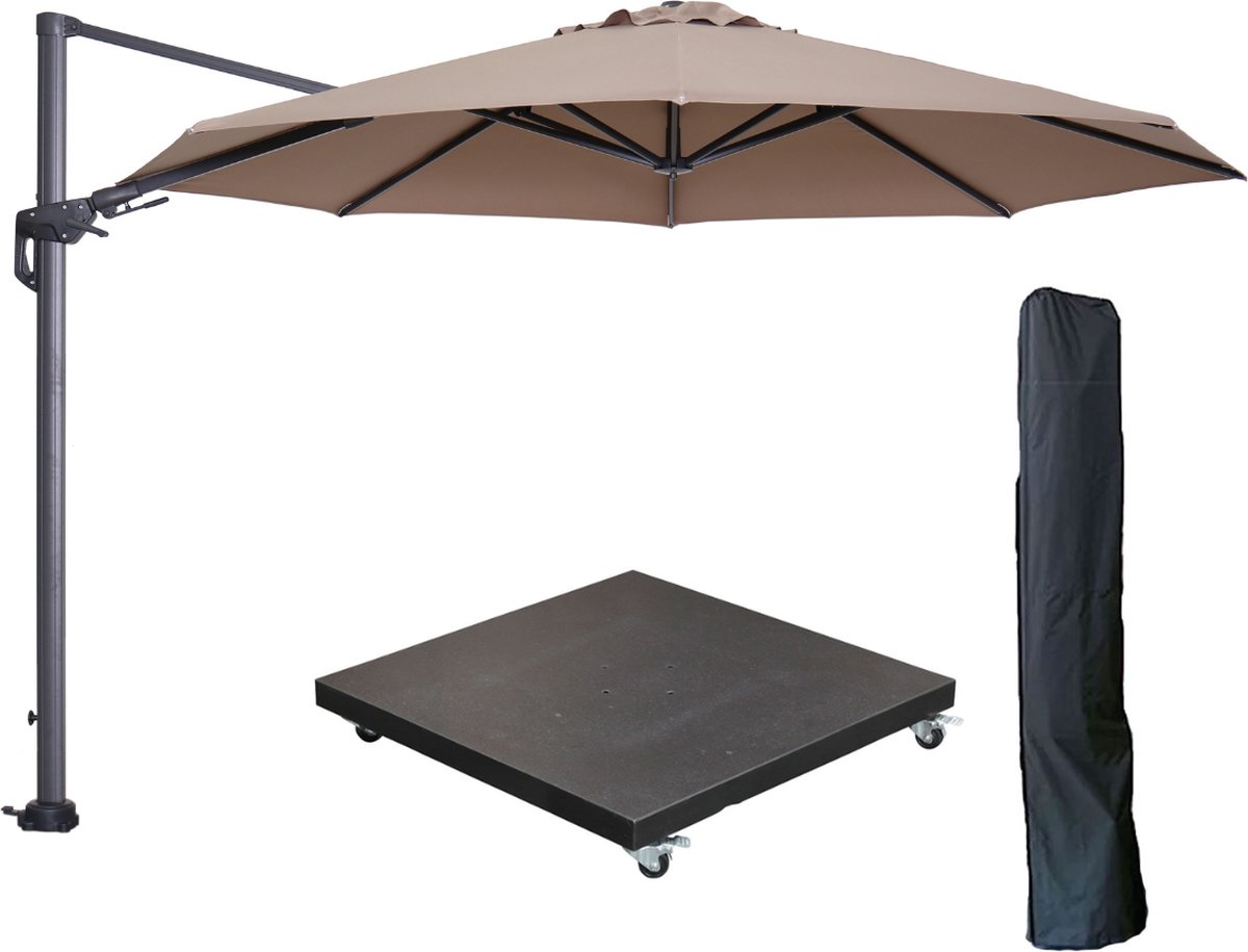 Garden Impressions Hawaii zweefparasol Ø350 cm carbon black / taupe met 90kg verrijdbare parasolvoet en parasolhoes (6097101471468)