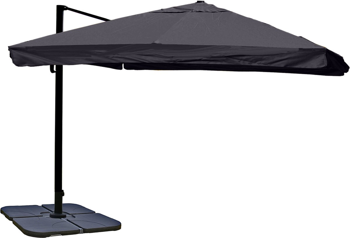 Zweefparasol MCW-A96, 3,5x3,5m (Ø4,95m) polyester/aluminium 25kg ~ Flap, antraciet met standaard, draaibaar (4057651303017)