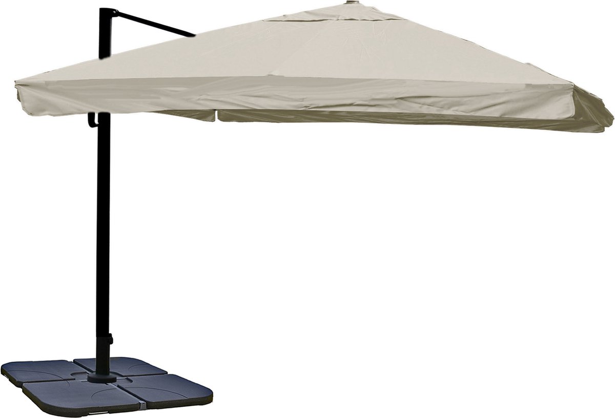 Zweefparasol MCW-A96, 3,5x3,5m (Ø4,95m) polyester/aluminium 25kg ~ Flap, crèmegrijs met standaard (4057651393452)