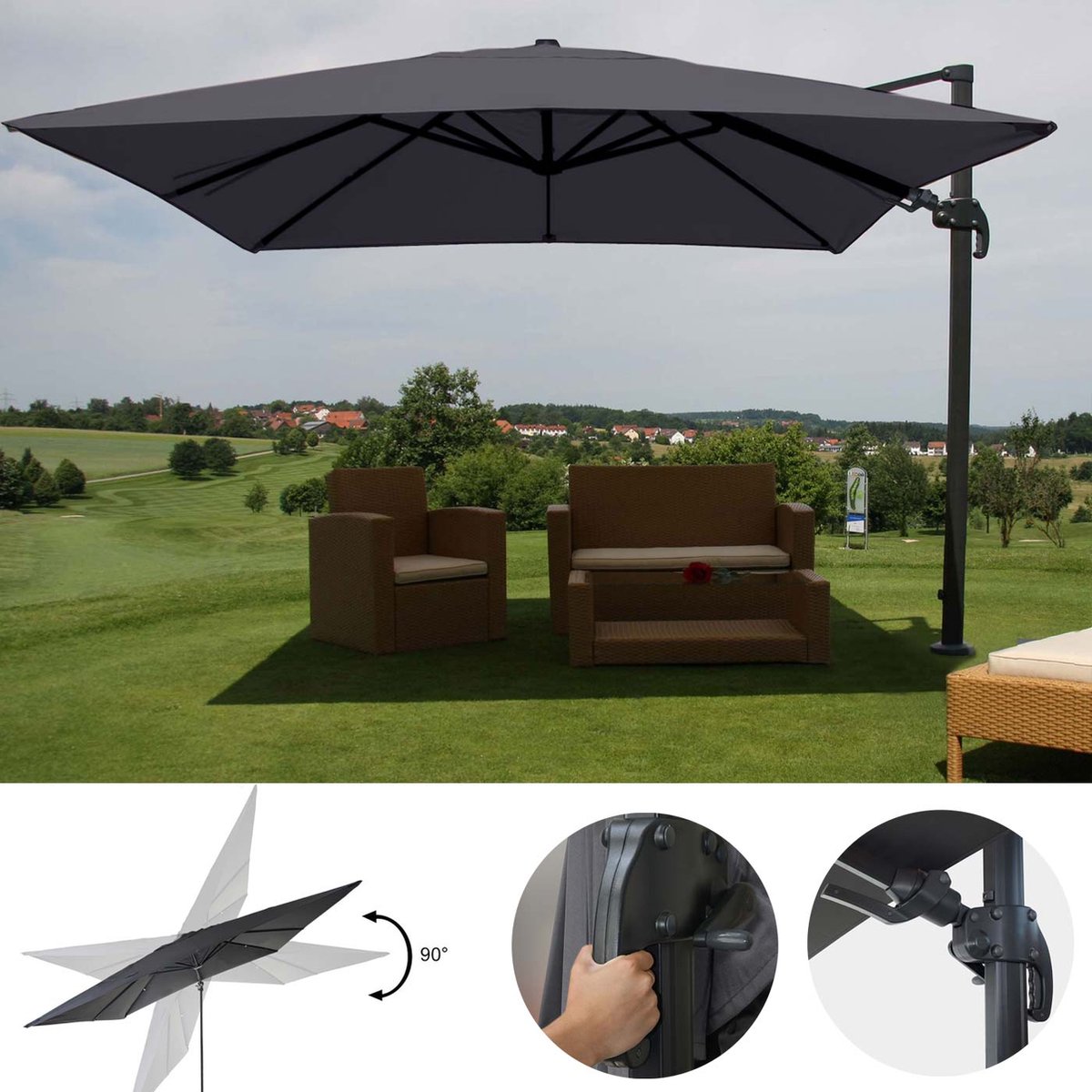 Zweefparasol MCW-A96, 3x4m (Ø5m) draaibaar, polyester/aluminium 26kg ~ antraciet zonder voet, draaibaar (4057651233376)