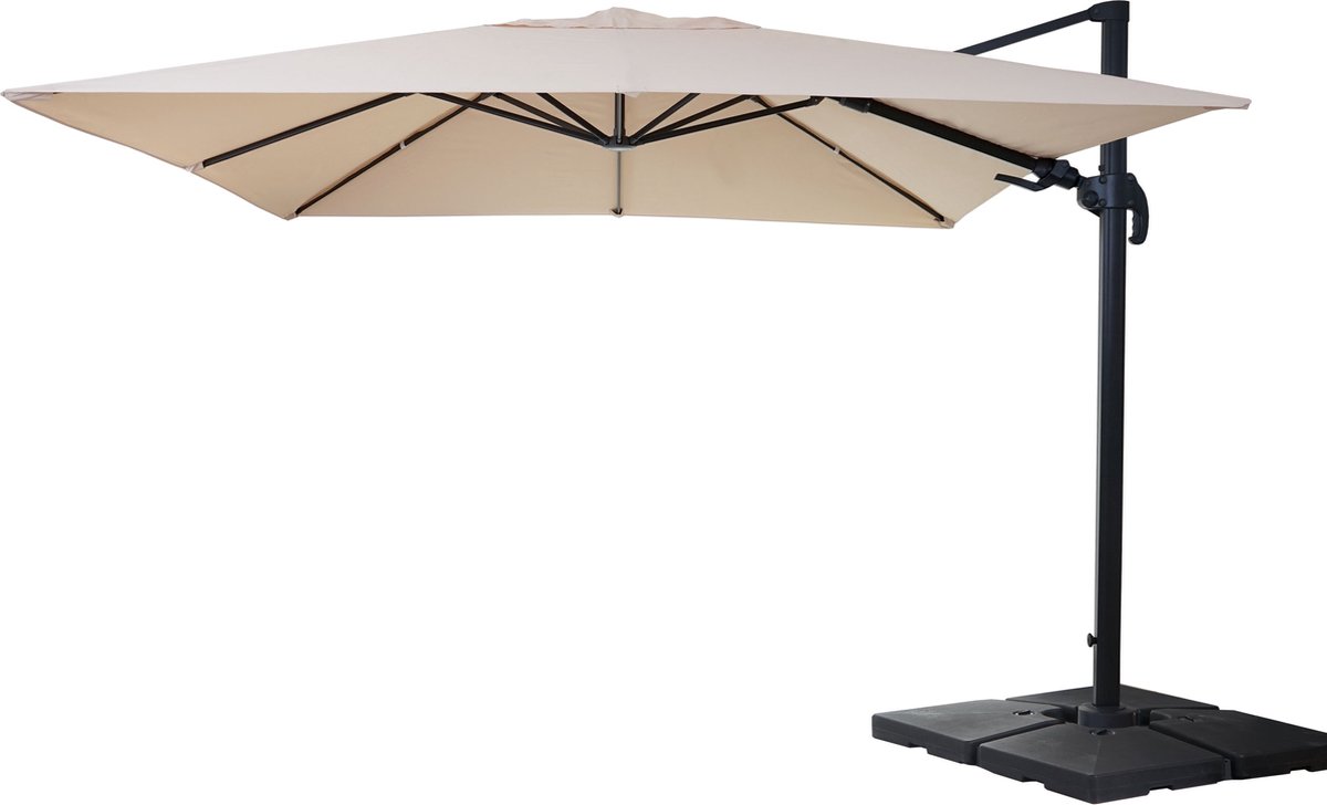 Zweefparasol MCW-A96, 3x4m (Ø5m) draaibaar, polyester/aluminium 26kg ~ crème met standaard, draaibaar (4057651222998)