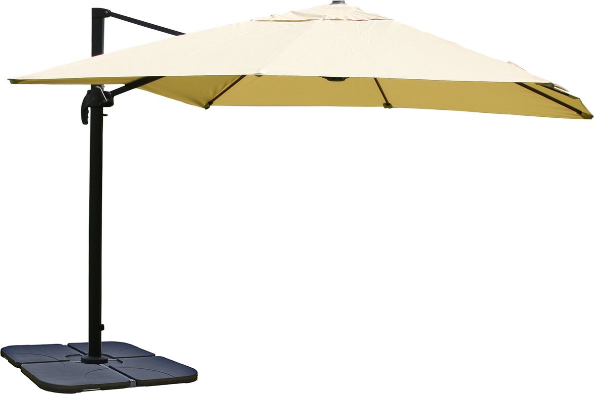 Zweefparasol MCW-A96, parasol 3x3m (Ø4,24m) polyester aluminium/staal 23kg ~ crème met standaard, draaibaar (4057651221168)