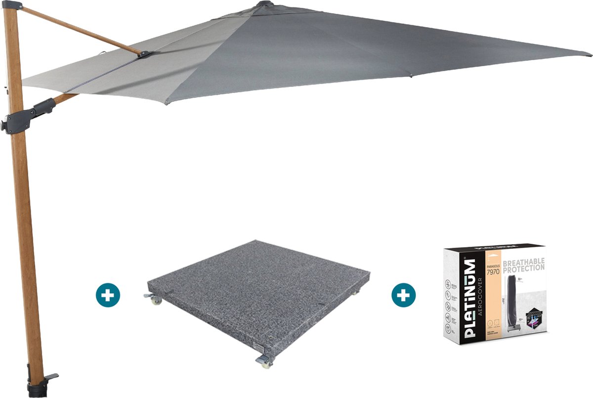 4-Seasons zweefparasol Siesta Premium 300 x 300 - woodlook/charcoal met voet en hoes (6097332592512)