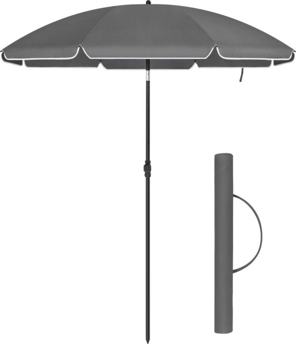 ACAZA Stokparasol - Strandparasol - 180 cm diameter - rond / achthoekige Tuinparasol - Knikbaar - Kantelbaar - met Draagtas - Grijs (5400943031560)