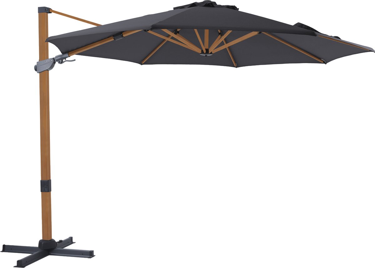 AXI Cyrus Premium Zweefparasol ⌀ 300cm Houtlook/grijs - Gepoedercoat aluminium frame met kruisvoet - 360° Draaibaar - Kantelbaar - UV werend doek (8720365063671)