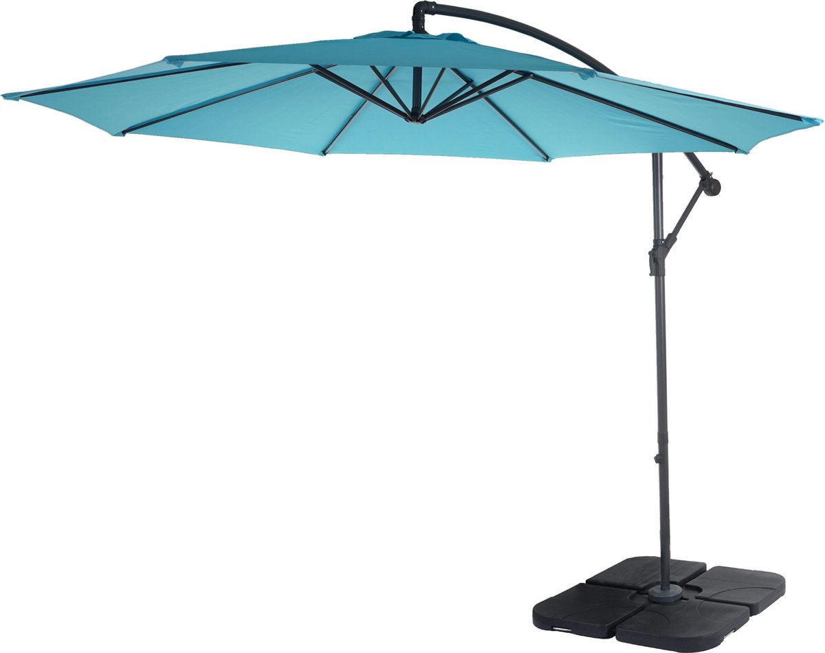 Acerra zweefparasol, parasol, ⌀ 3m kantelbaar, polyester/staal 11kg ~ turquoise-blauw met voet (4057651093000)