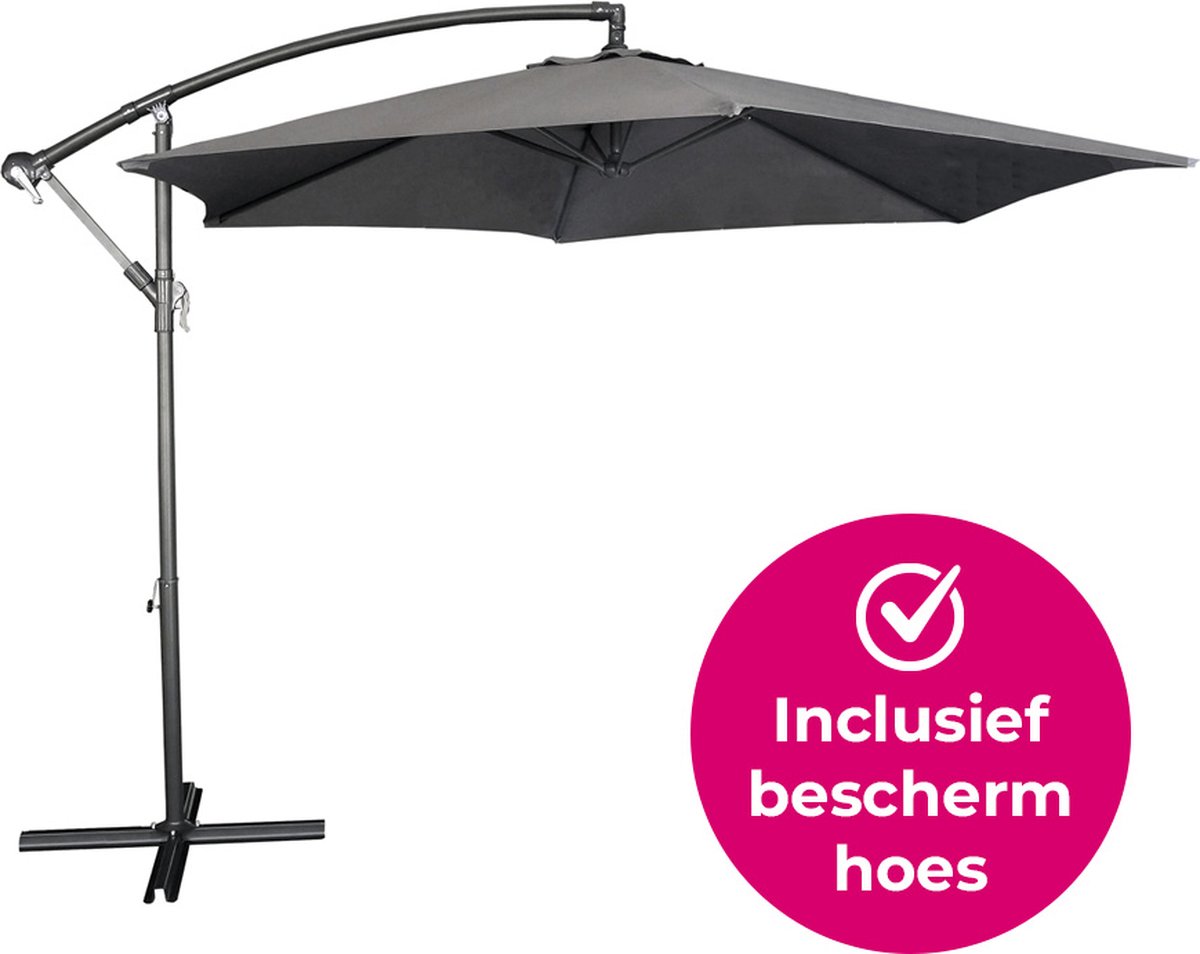 BluMill Zweefparasol Met Voet en Beschermhoes - 300 cm - Waterdicht - Kantelbaar - Verstelbare Hoogte - Grijs (8720246424577)