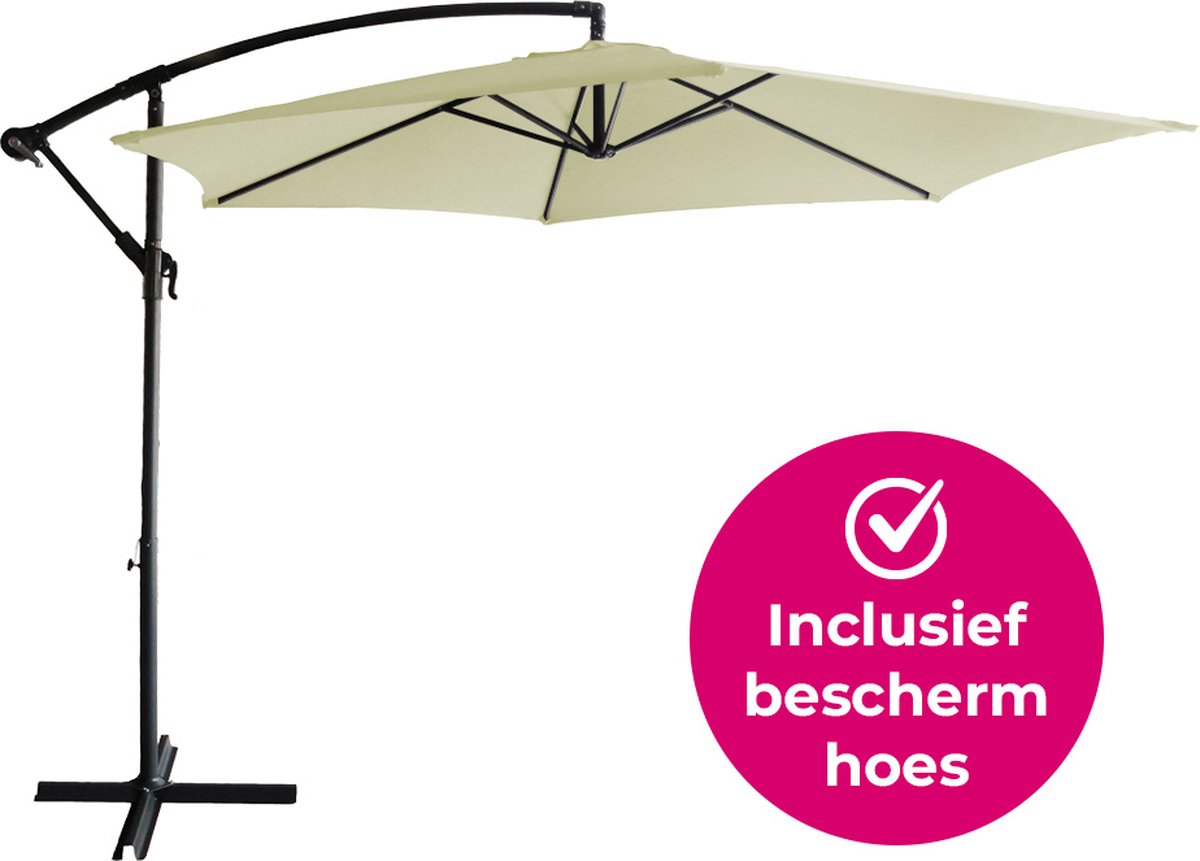 BluMill Zweefparasol Met Voet en Beschermhoes - ⌀ 300 cm - Waterdicht - Kantelbaar - Verstelbare Hoogte - Taupe - Beige (8720663024831)