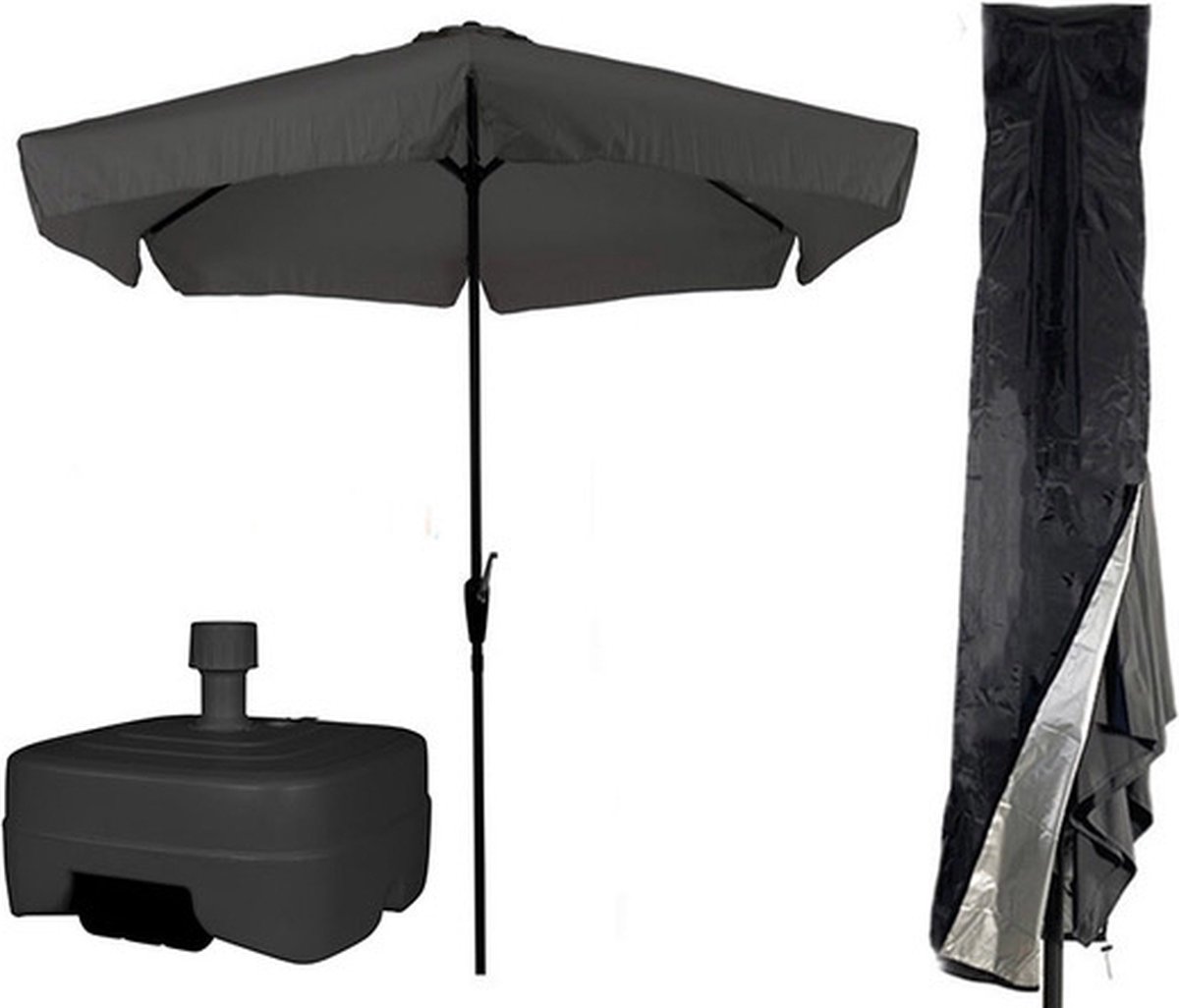 CUHOC Grijze / Antraciete Parasol - Parasolhoes - Extra Zware Vulbare Verrijdbare Parasolvoet - parasol met voet, parasol met hoes en voet, stokparasol met hoes en voet - parasol grijs hoes (8720574442823)