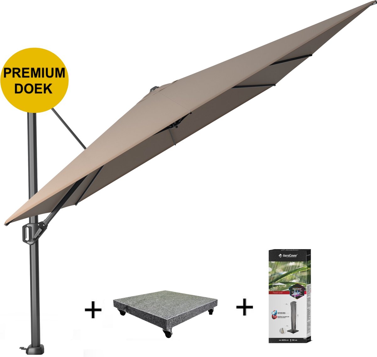 Challenger T1 premium zweefparasol 400x300 cm havanna met 120KG voet en hoes (8720848329591)