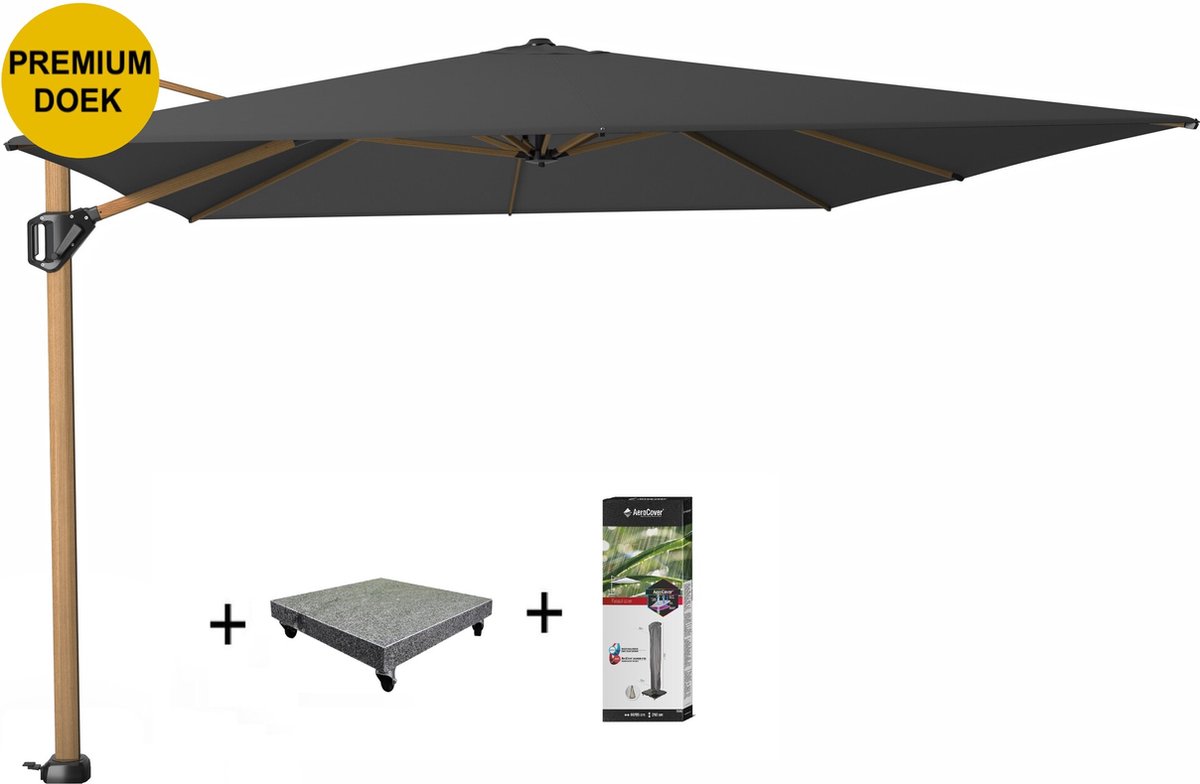 Challenger T1 premium zweefparasol 400x300 cm teak mast faded black met 90 KG voet en hoes (8720848329836)