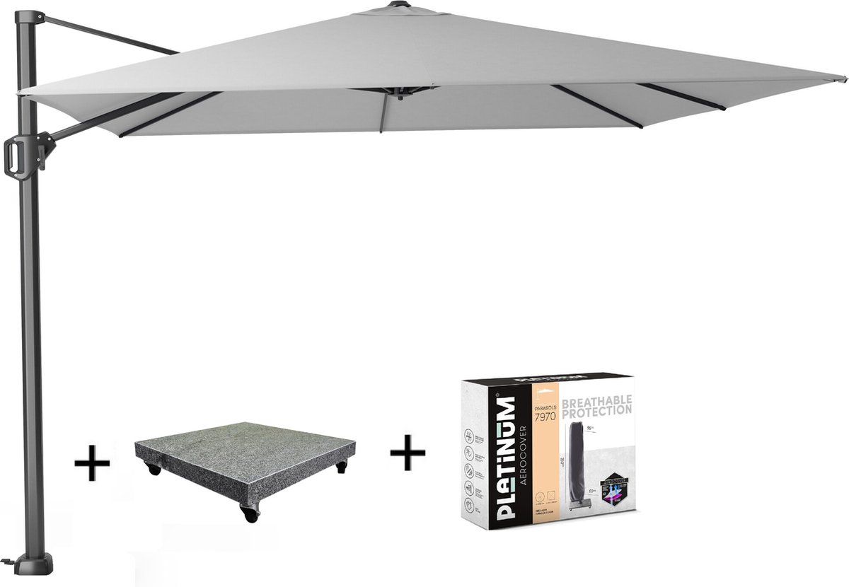 Challenger T1 zweefparasol 300x300 cm lichtgrijs met 90KG voet en hoes (8720848326996)