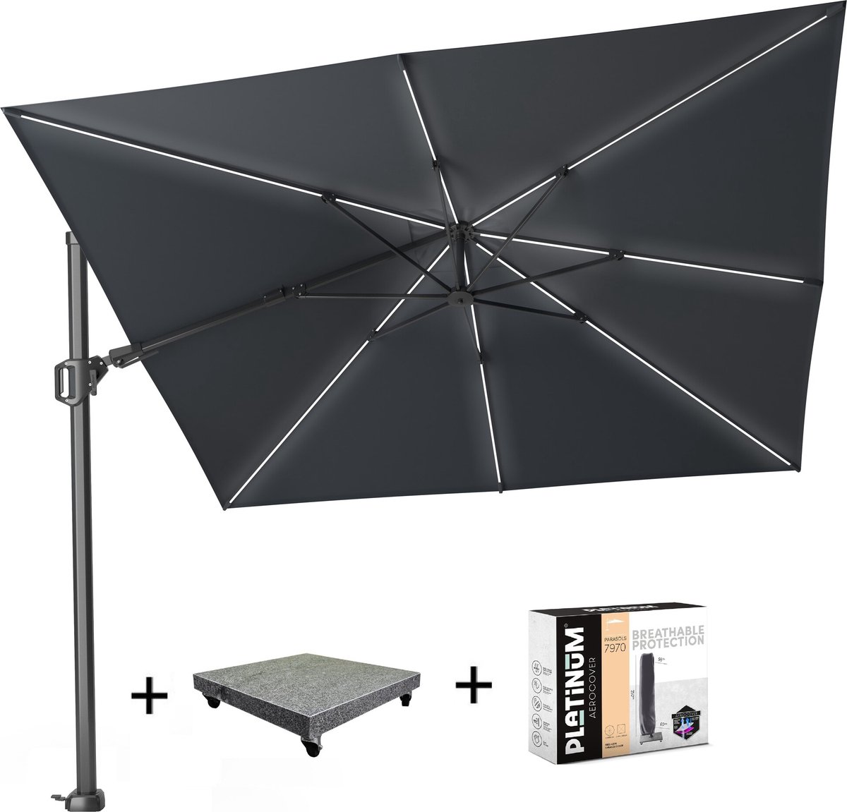 Challenger T2 glow zweefparasol 300x300 cm antraciet met 90KG voet en hoes (8720848327054)