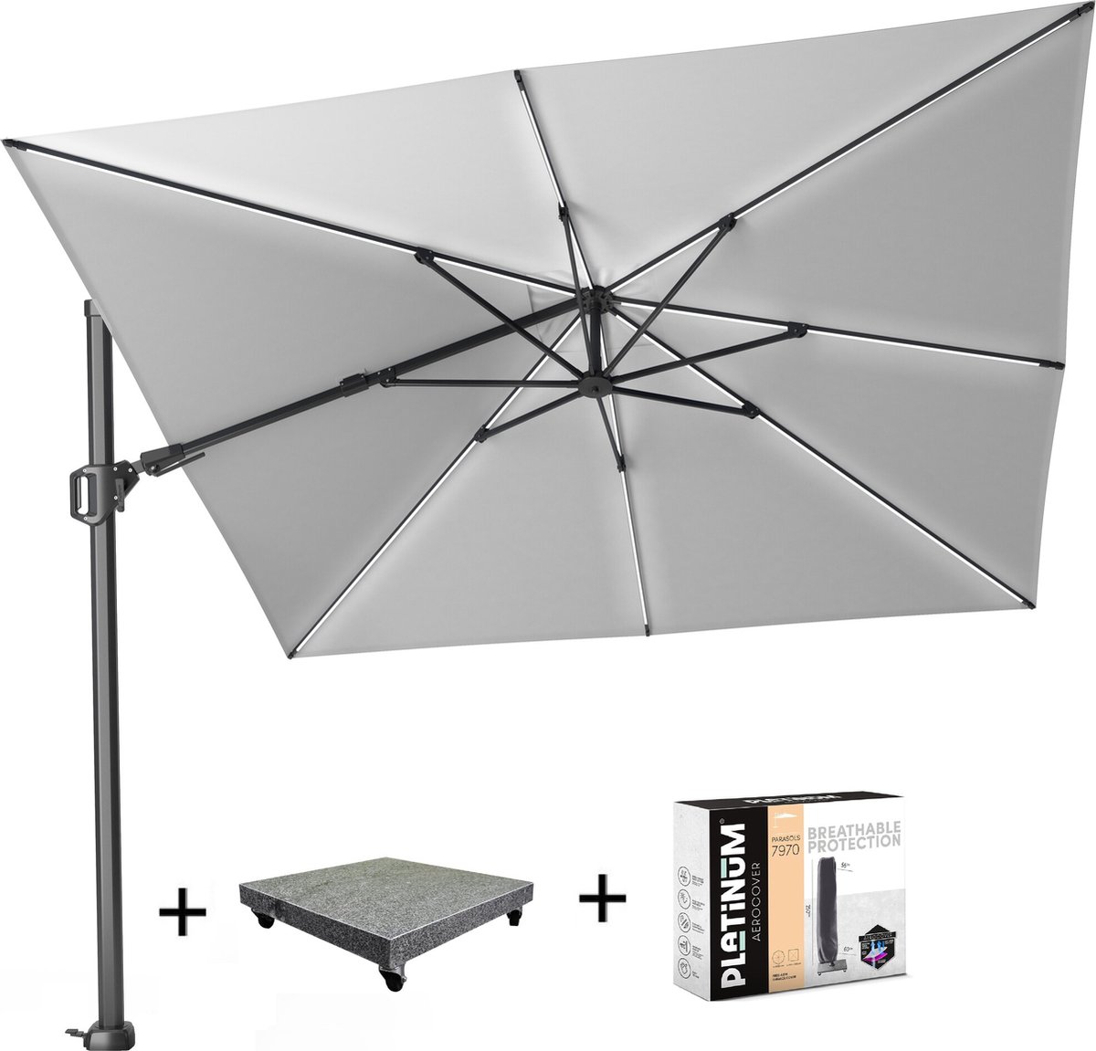 Challenger T2 glow zweefparasol 300x300 cm lichtgrijs met 90KG voet en hoes (8720848326910)