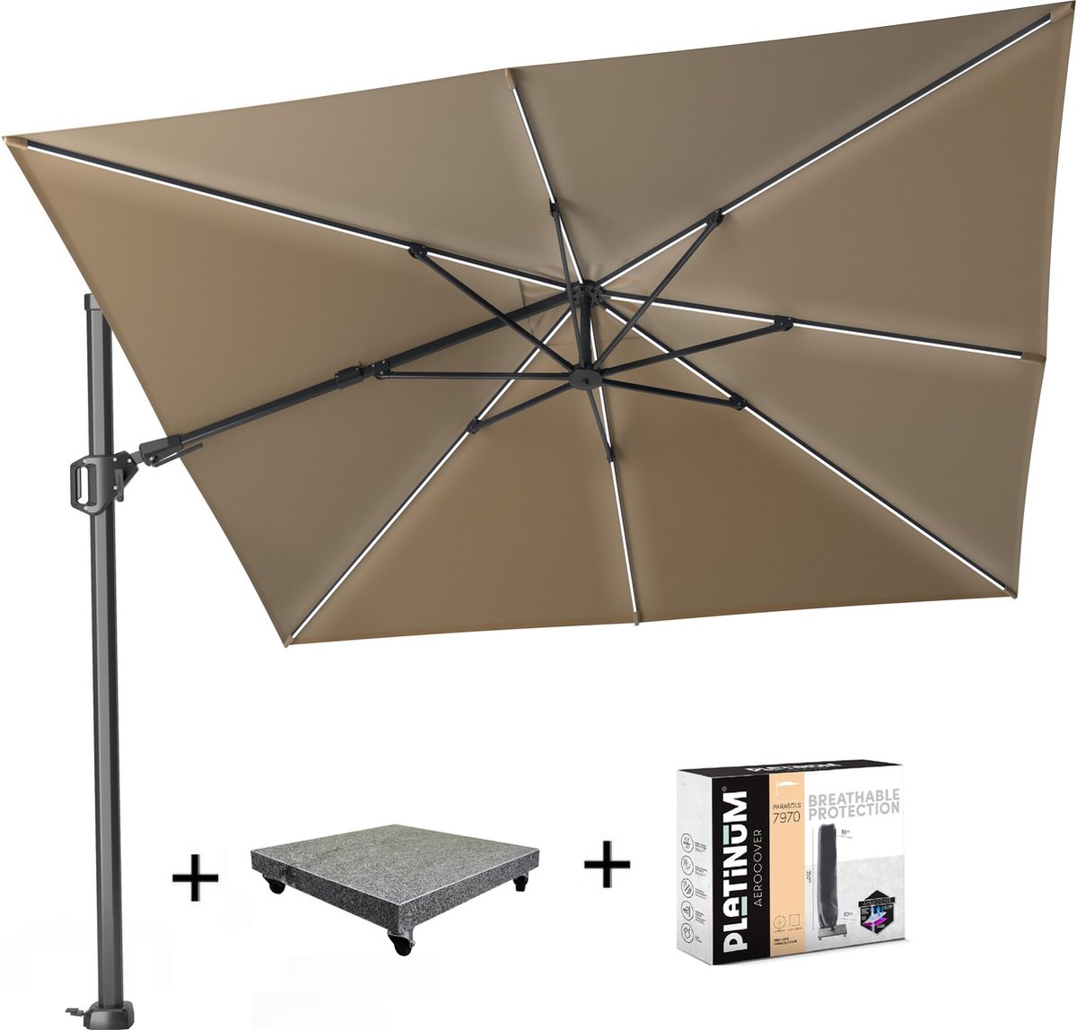 Challenger T2 glow zweefparasol 300x300 cm taupe met 90KG voet en hoes (8720848327047)