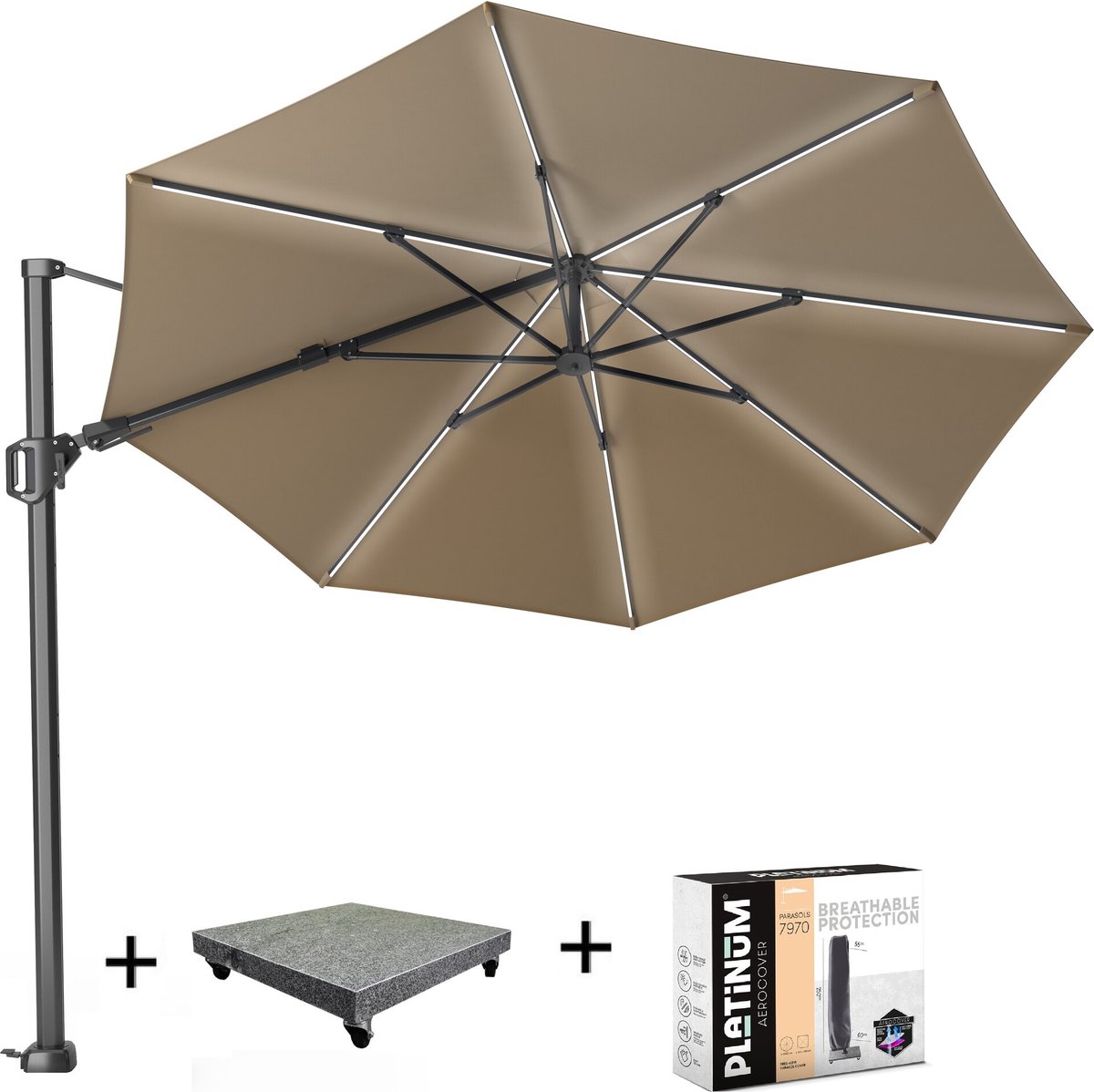 Challenger T2 glow zweefparasol 350 cm rond taupe met 90KG voet en hoes (8720848326866)