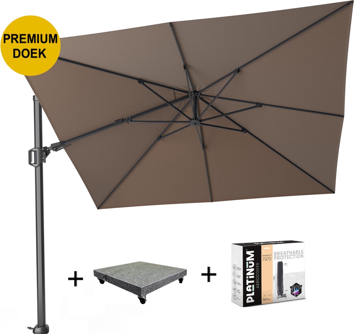 Challenger T2 premium zweefparasol 300x300 cm havanna met 90 KG voet en hoes (8720848329652)