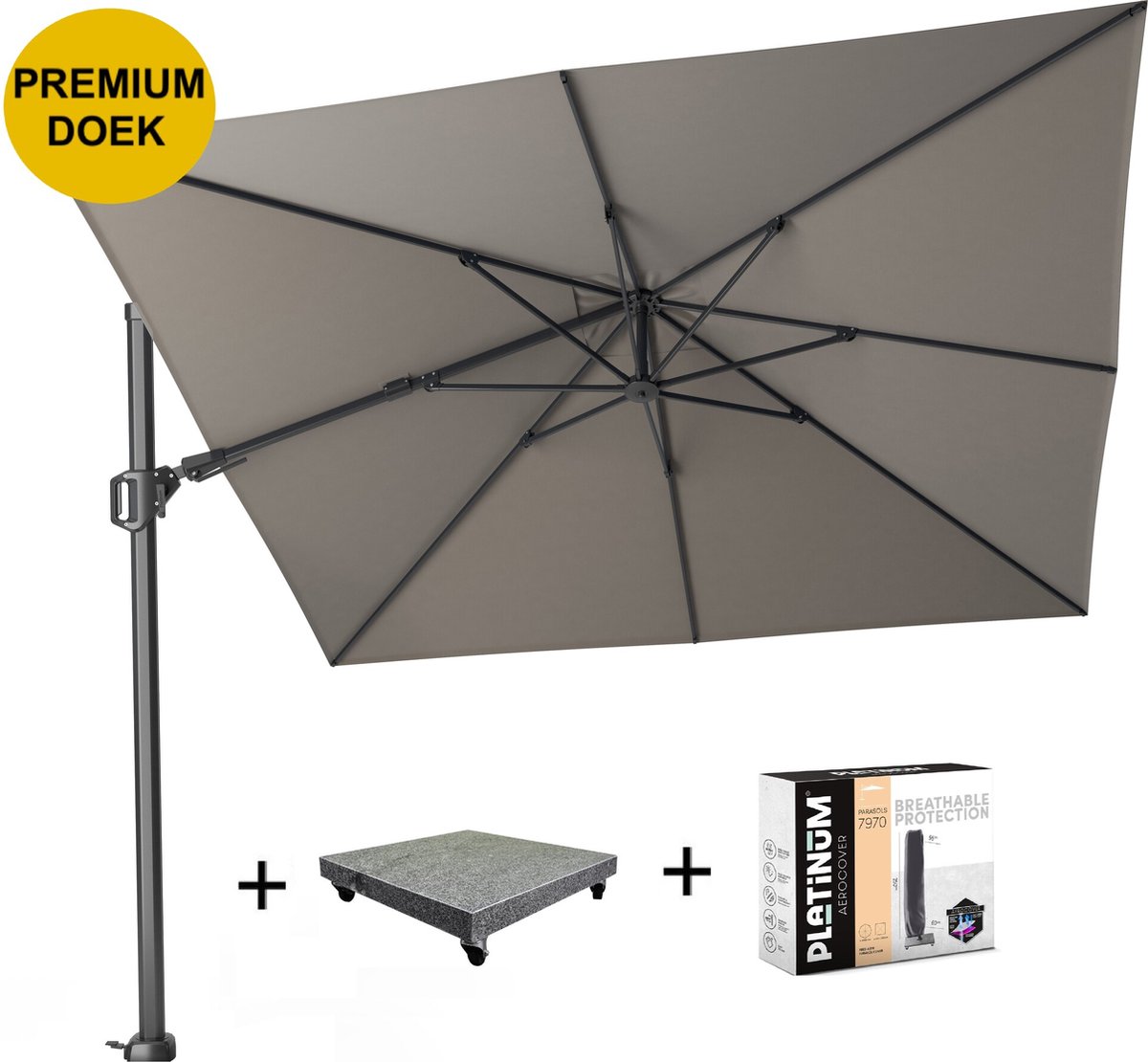 Challenger T2 premium zweefparasol 300x300 cm manhattan met 90 KG voet en hoes (8720848329645)