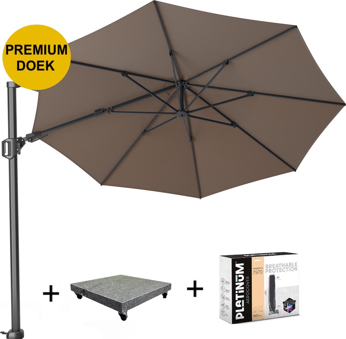 Challenger T2 premium zweefparasol 350 cm rond havanna met 90KG voet en hoes (8720848327016)