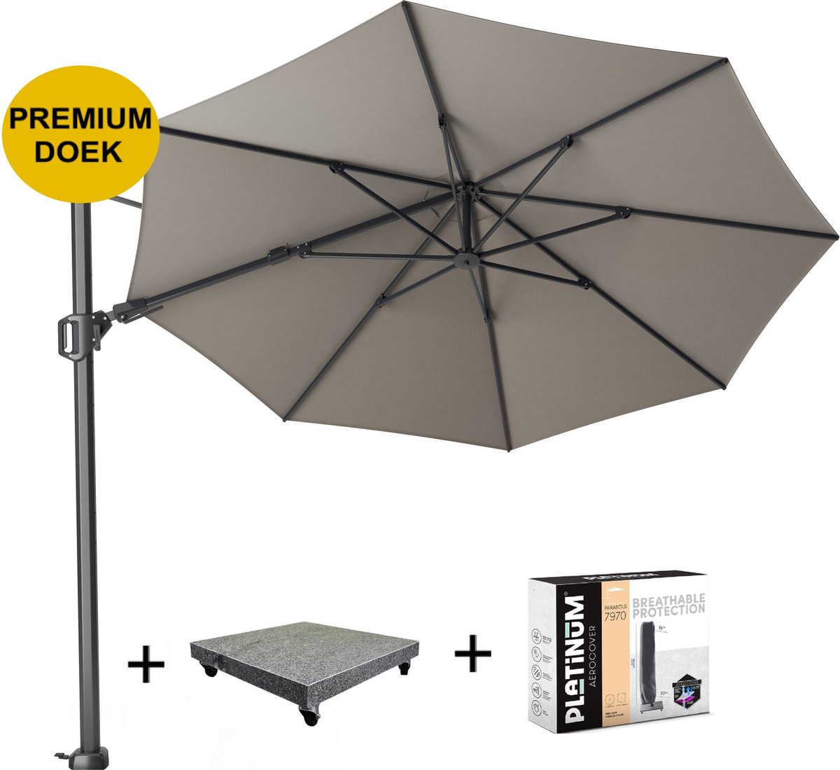 Challenger T2 premium zweefparasol 350 cm rond manhattan met 90 KG voet en hoes (8720848327009)