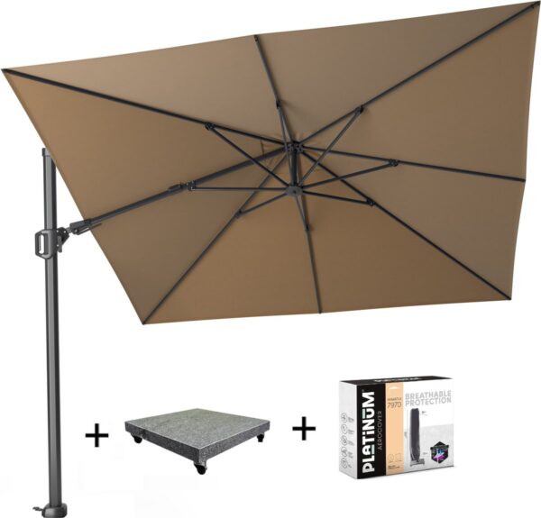 Challenger T2 zweefparasol 300x300 cm taupe met 90 KG voet en hoes (8720848329638)