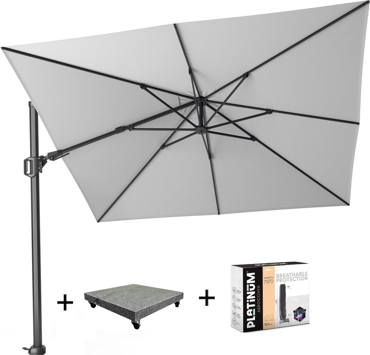 Challenger T2 zweefparasol 300x300 cm wit met 90KG voet en hoes (8720848329621)