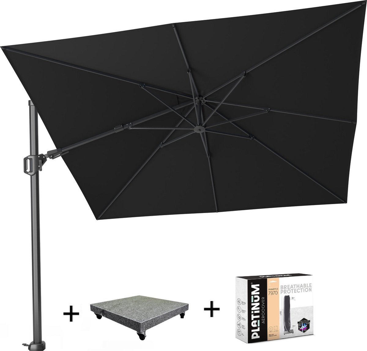 Challenger T2 zweefparasol 300x300 cm zwart met 90KG voet en hoes (8720848329614)