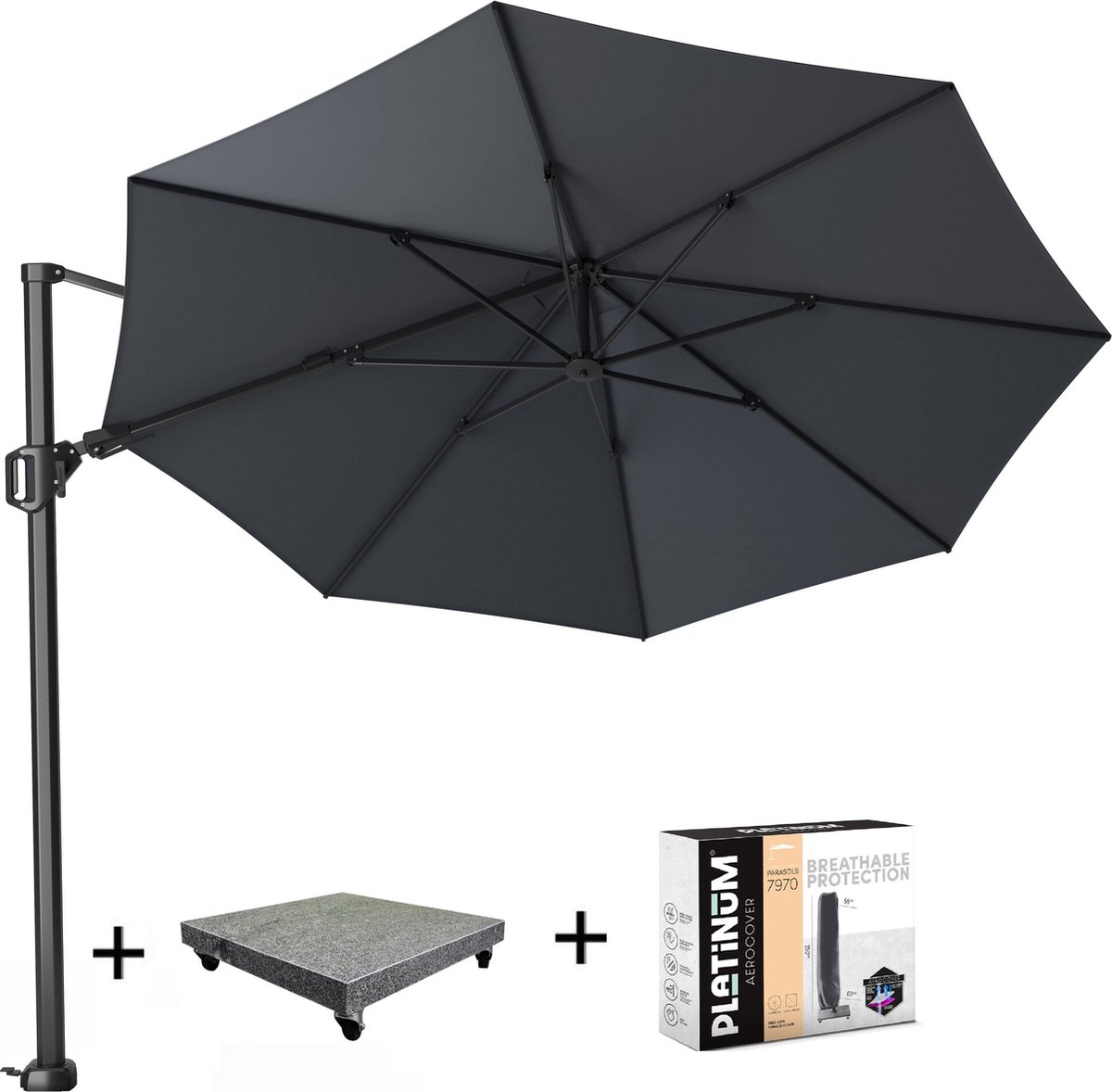 Challenger T2 zweefparasol 350 cm rond antraciet met 90KG voet en hoes (8720848326958)