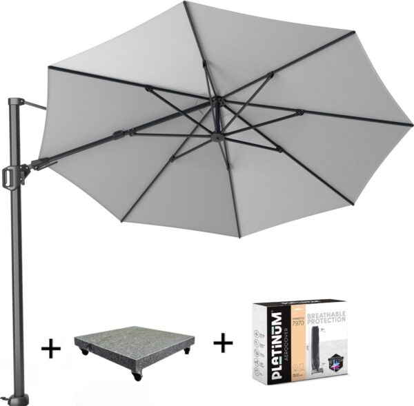 Challenger T2 zweefparasol 350 cm rond lichtgrijs met 90KG voet en hoes (8720848326934)