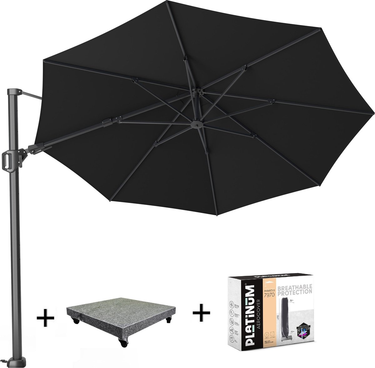 Challenger T2 zweefparasol 350 cm rond zwart met 90KG voet en hoes (8720848326927)