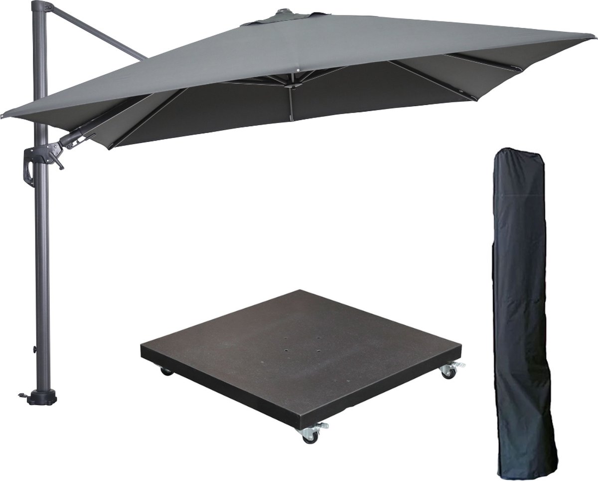 Garden Impressions Hawaii zweefparasol 300x300 cm carbon black / donker grijs met 90kg verrijdbare parasolvoet en parasolhoes (6097112784779)