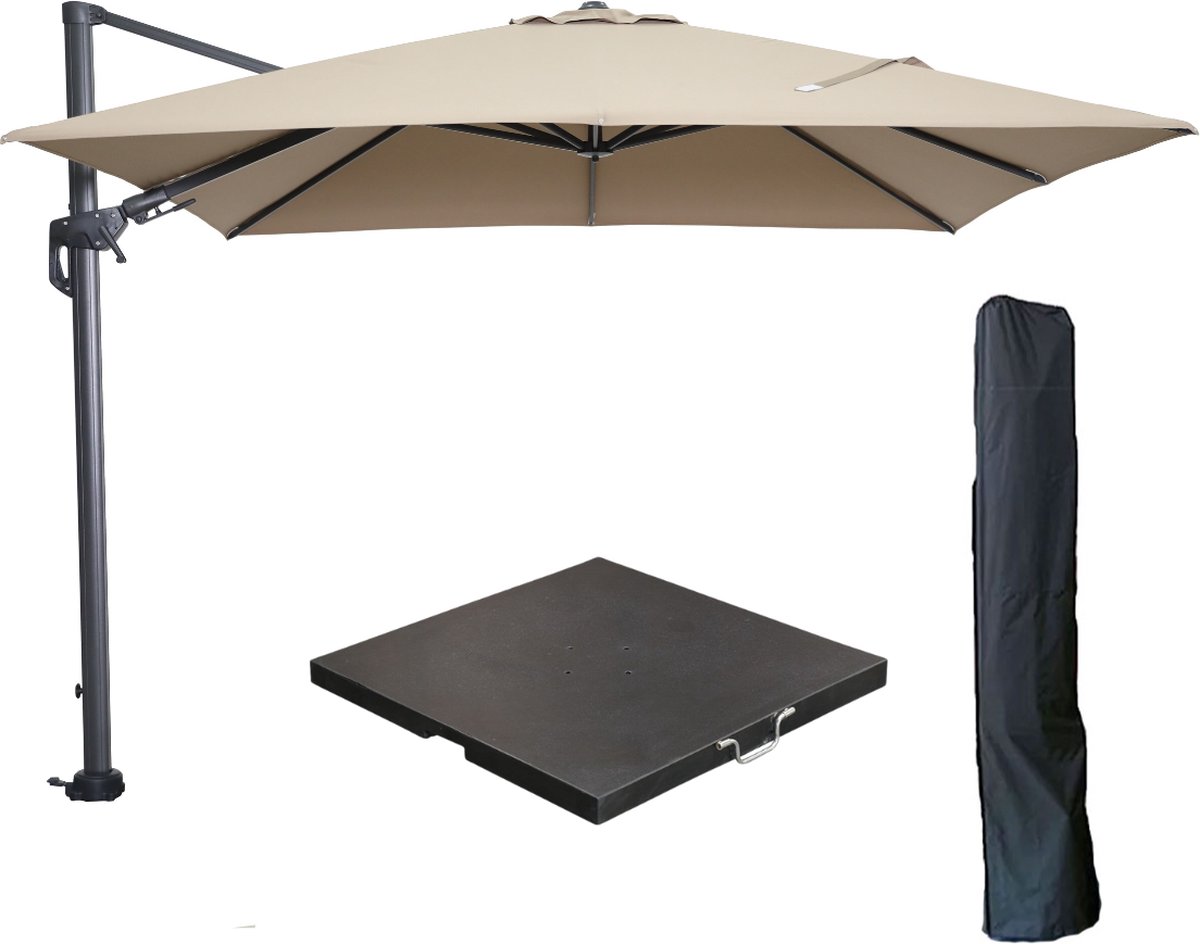 Garden Impressions Hawaii zweefparasol 300x300 cm carbon black / taupe met 90kg black polished parasolvoet en parasolhoes (6097121756743)