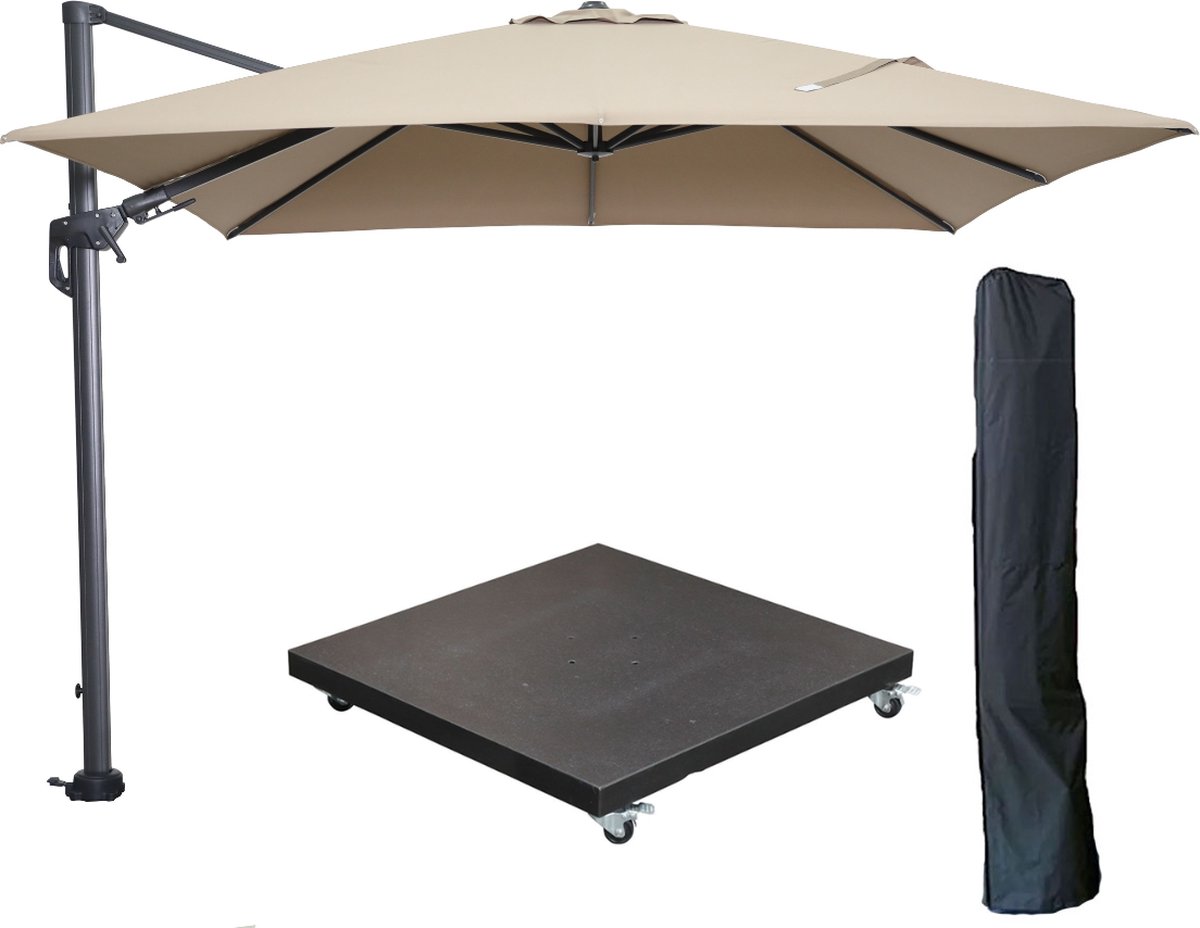 Garden Impressions Hawaii zweefparasol 300x300 cm carbon black / taupe met 90kg verrijdbare parasolvoet en parasolhoes (6097100818899)