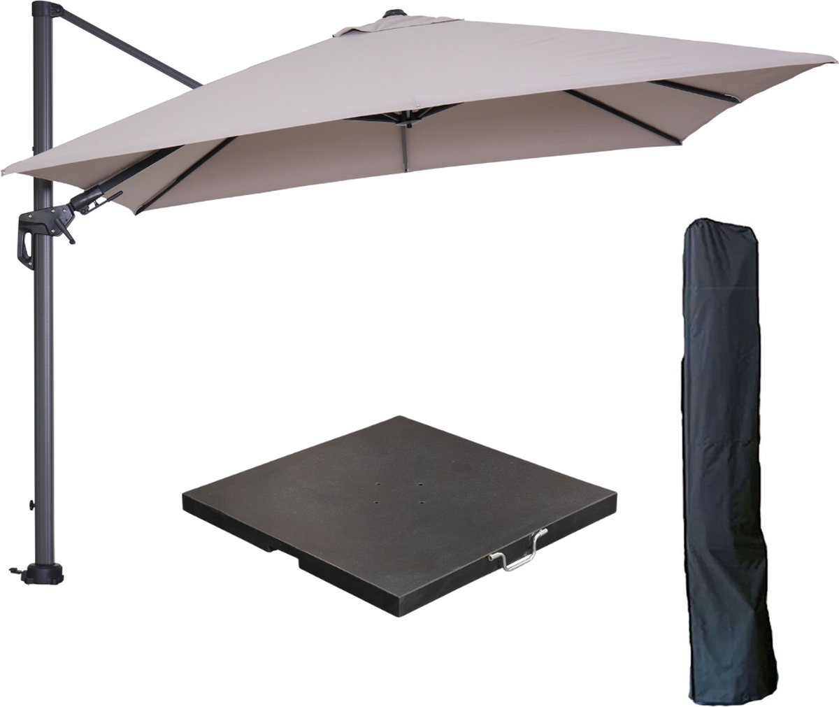 Garden Impressions Hawaii zweefparasol 300x300 cm carbon black / zand met 90kg black polished parasolvoet en parasolhoes (6097105958927)