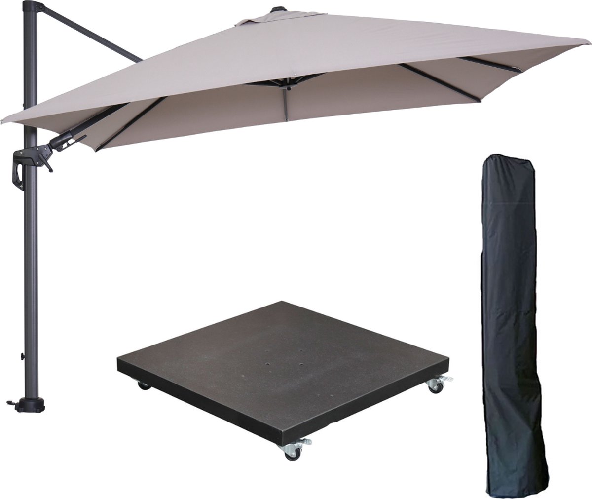 Garden Impressions Hawaii zweefparasol 300x300 cm carbon black / zand met 90kg verrijdbare parasolvoet en parasolhoes (6097102631694)