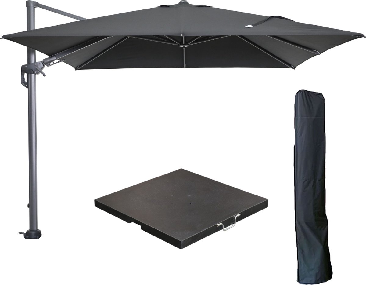 Garden Impressions Hawaii zweefparasol 300x300 cm carbon black / zwart met 90kg black polished parasolvoet en parasolhoes (6097103699693)