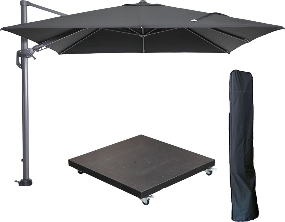 Garden Impressions Hawaii zweefparasol 300x300 cm carbon black / zwart met 90kg verrijdbare parasolvoet en parasolhoes (6097107986997)