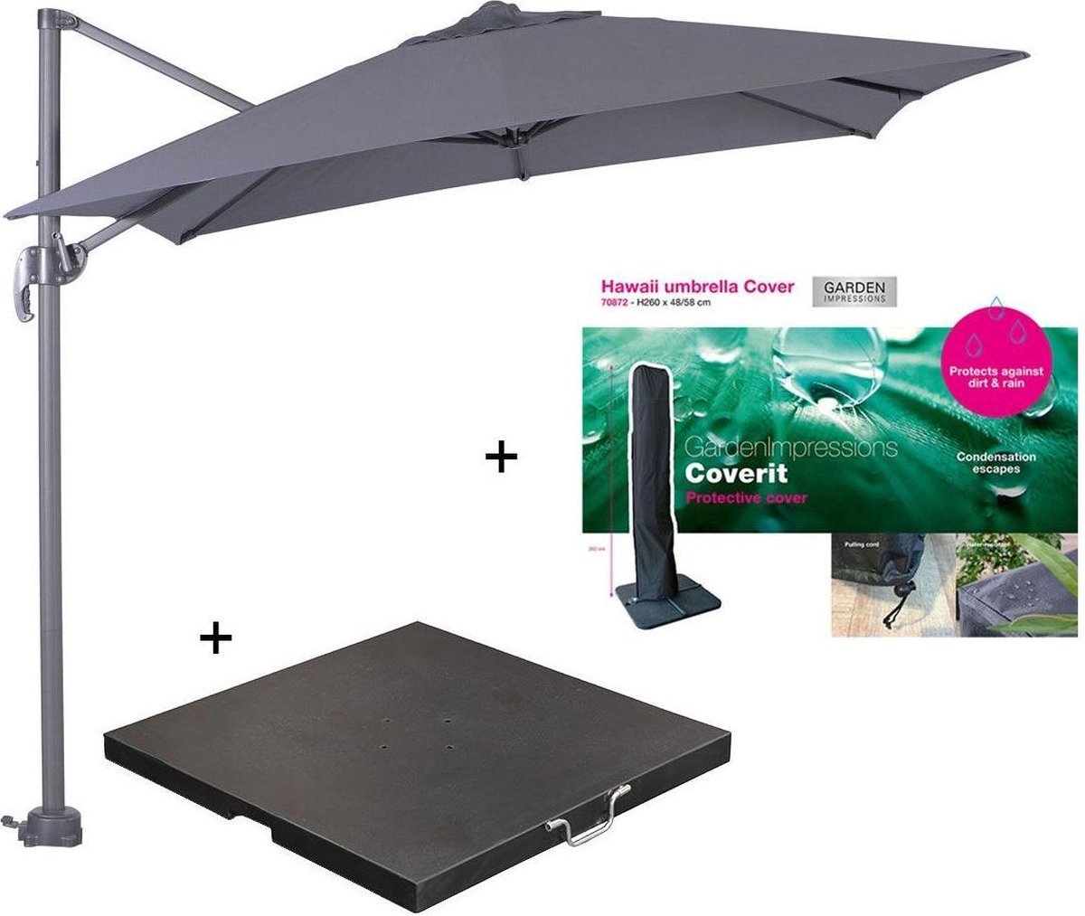 Garden Impressions Hawaii zweefparasol S 250x250 - donker grijs met 60 kg parasolvoet en parasolhoes (7438247313332)