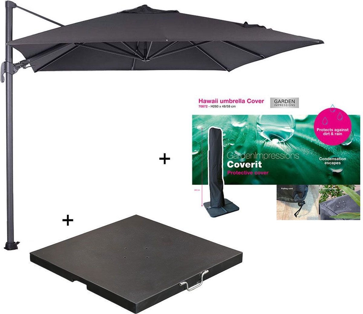 Garden Impressions Hawaii zweefparasol S 250x250 - donker grijs/zwart met 80 kg parasolvoet en parasolhoes (6097109377359)