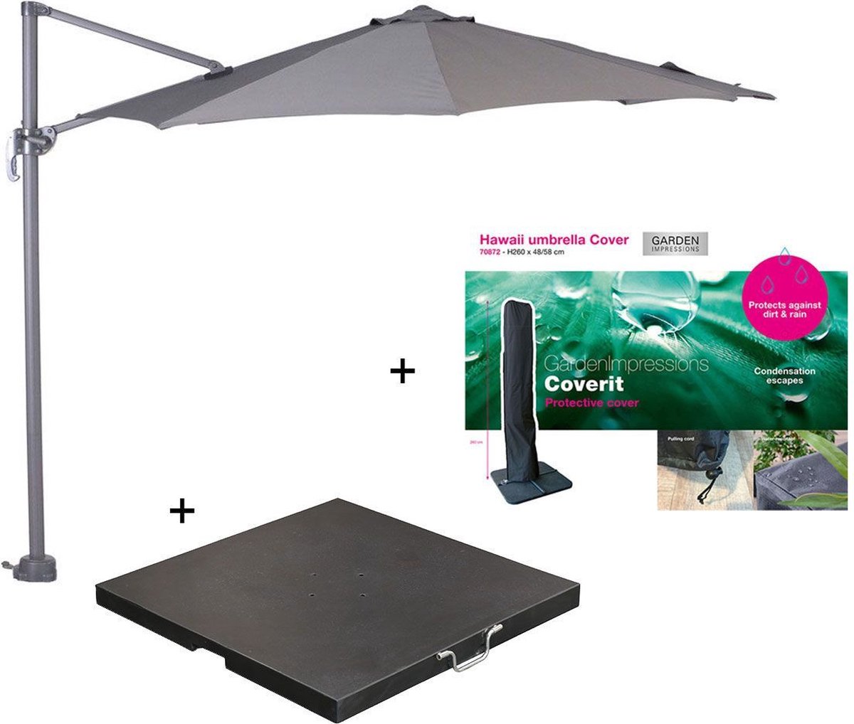 Garden Impressions Hawaii zweefparasol S ⌀300 - donker grijs/licht grijs met 80 kg parasolvoet en parasolhoes (6097118321350)