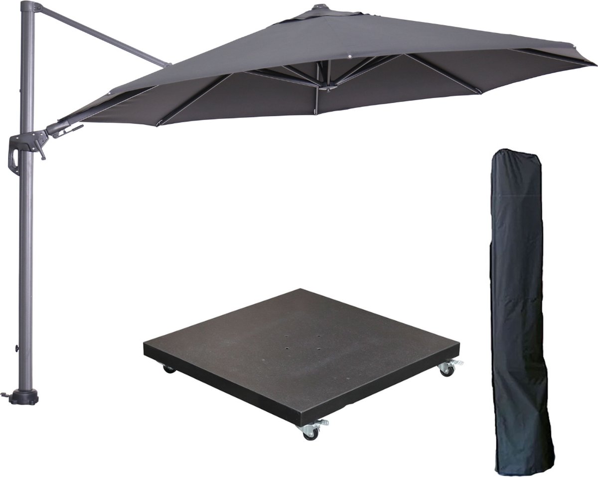 Garden Impressions Hawaii zweefparasol ⌀350 cm carbon black / donker grijs met 90kg verrijdbare parasolvoet en parasolhoes (6097114885870)