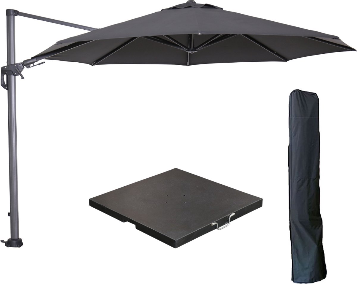 Garden Impressions Hawaii zweefparasol ⌀350 cm carbon black / licht grijs met 90kg black polished parasolvoet en parasolhoes (6097110374361)