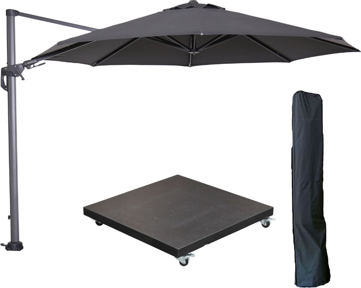 Garden Impressions Hawaii zweefparasol ⌀350 cm carbon black / licht grijs met 90kg verrijdbare parasolvoet en parasolhoes (6097110110181)