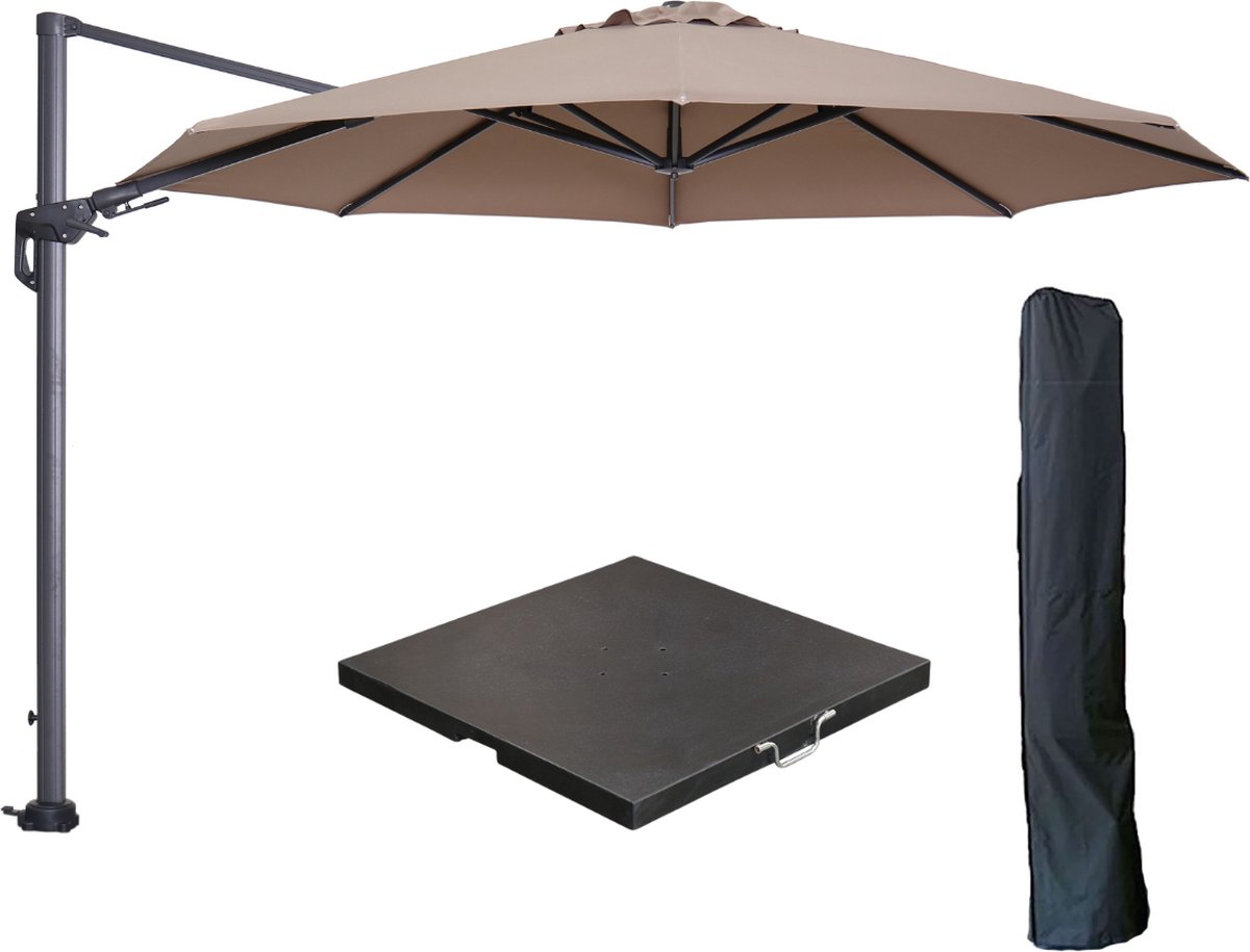 Garden Impressions Hawaii zweefparasol ⌀350 cm carbon black / taupe met 90kg black polished parasolvoet en parasolhoes (6097106698617)