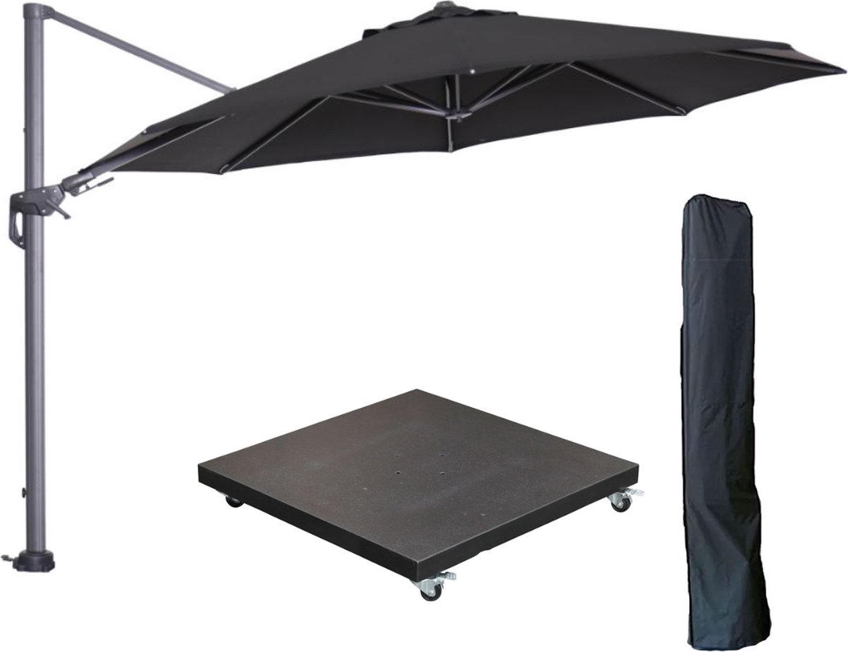 Garden Impressions Hawaii zweefparasol ⌀350 cm carbon black / zwart met 90kg verrijdbare parasolvoet en parasolhoes (6097102213227)