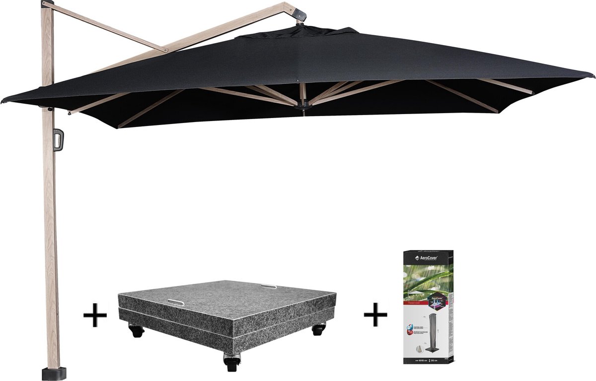 Icon zweefparasol 350x350 cm oak mast faded black met 150KG voet en hoes (8720848329843)