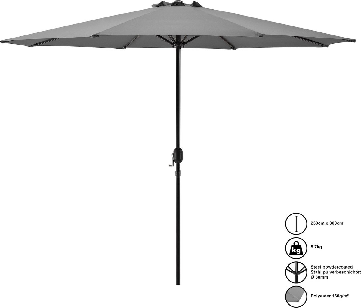 In And OutdoorMatch Tuinparasol Hailie - Stokparasol - 300x230 cm - Grijs - Deluxe Look (8721085015407)